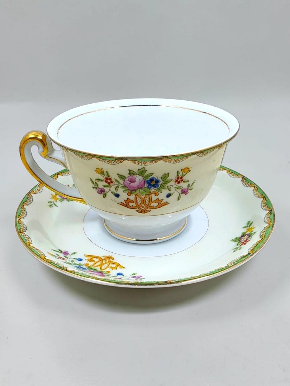 Meito Floral Bouquet Cup & Saucer Hand Painted Gold Rim Japan